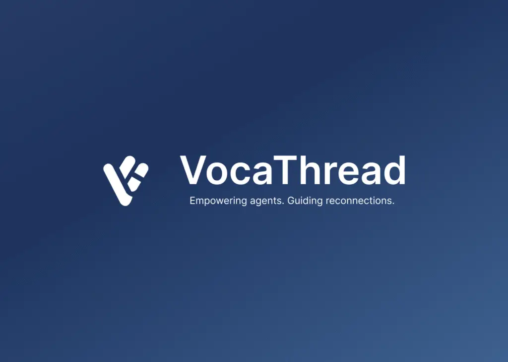 VocaThread logo on a dark blue gradient background with the tagline “Empowering agents. Guiding reconnections.”