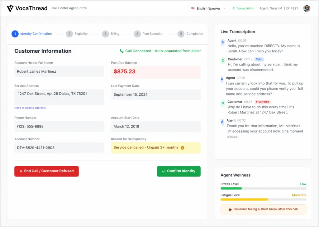VocaThread Identity Confirmation screen showing customer details and live transcription panel.