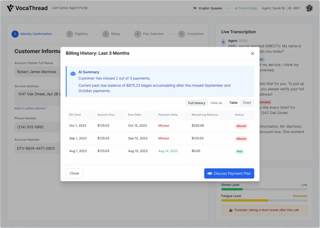 Billing history modal displaying customer’s past payment status in VocaThread.