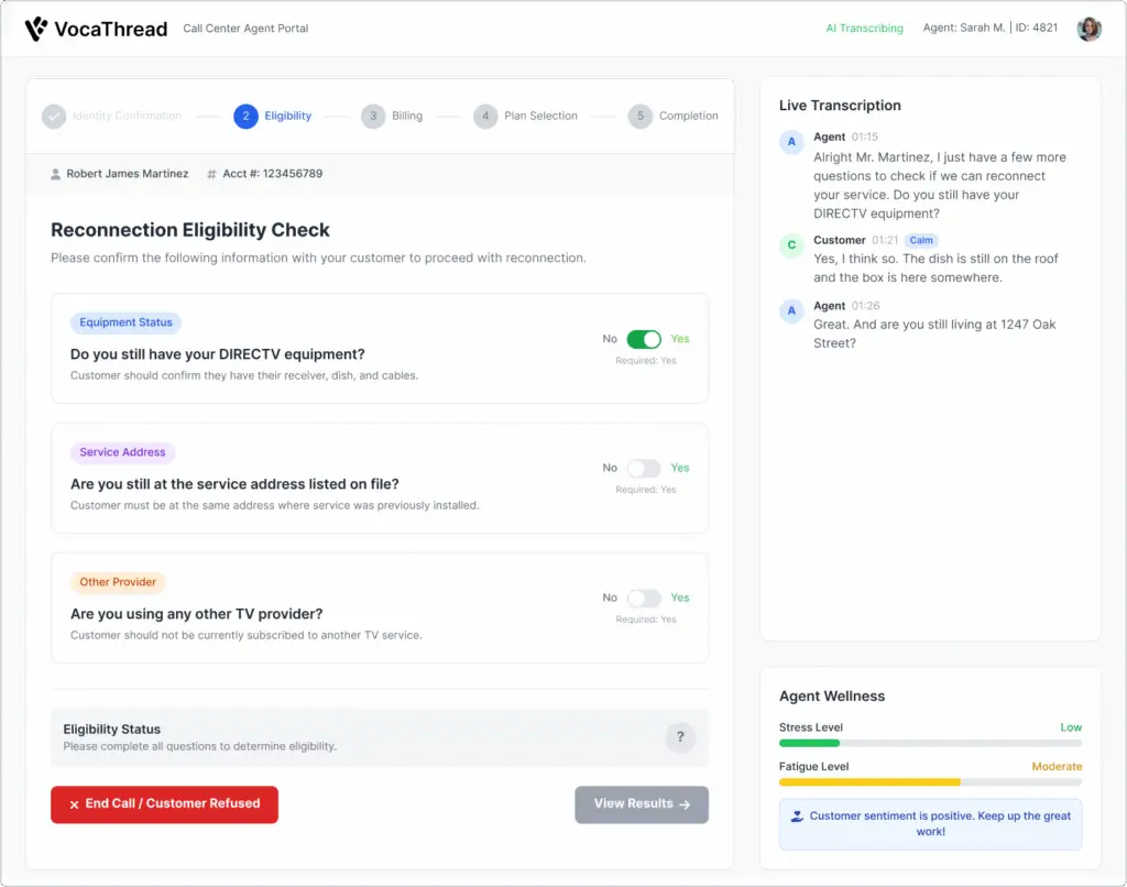 VocaThread Eligibility Check screen for reconnection with equipment and address verification.