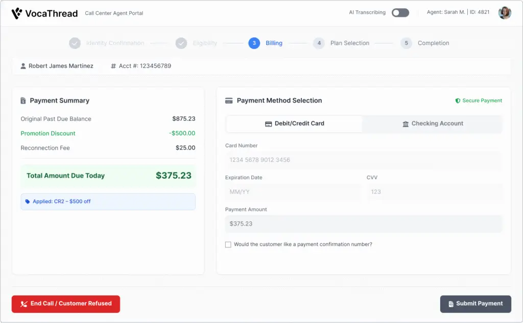 VocaThread Billing screen displaying payment summary and selection of payment method.