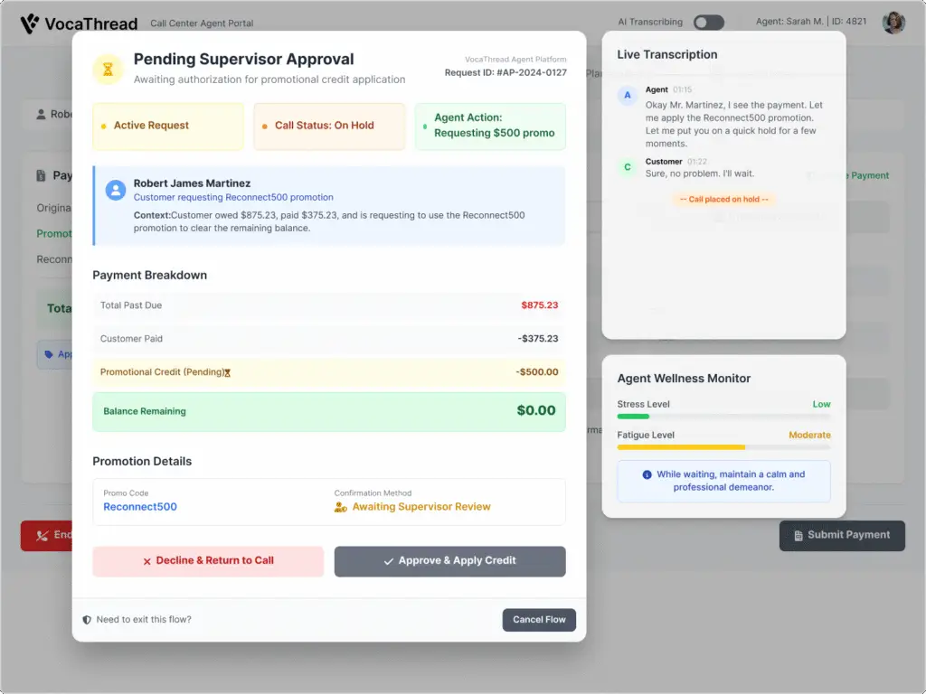 Pending Supervisor Approval screen in VocaThread with detailed payment breakdown.