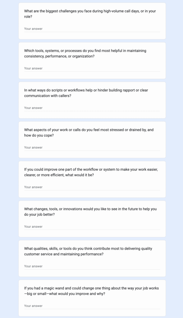 Screenshot of unanswered survey questions from the VocaThread UX research questionnaire.