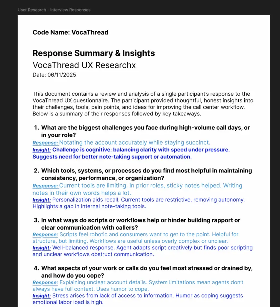 Screenshot of a UX research response summary and insights document created in Figma for the VocaThread case study.