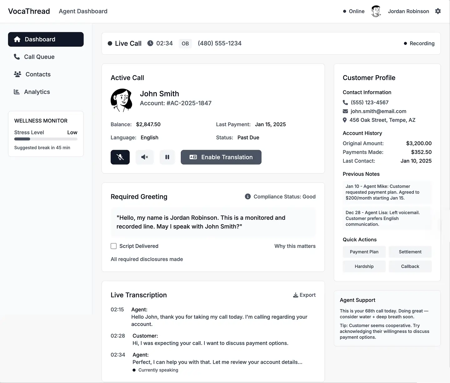VocaThread Agent Dashboard showing live call interface