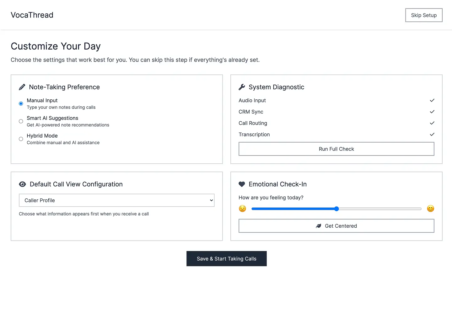 VocaThread agent setup screen with emotional check-in